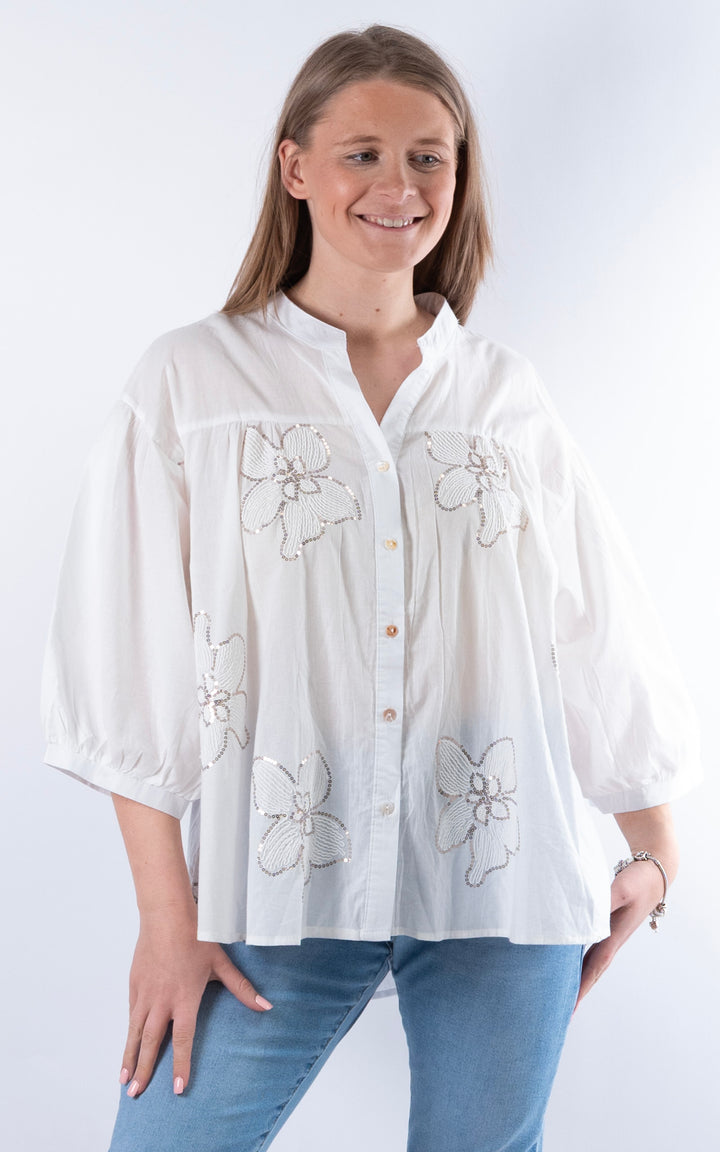Palma Floral Sequin Shirt | White