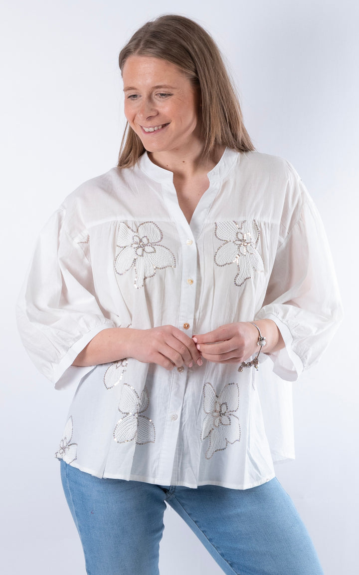 Palma Floral Sequin Shirt | White