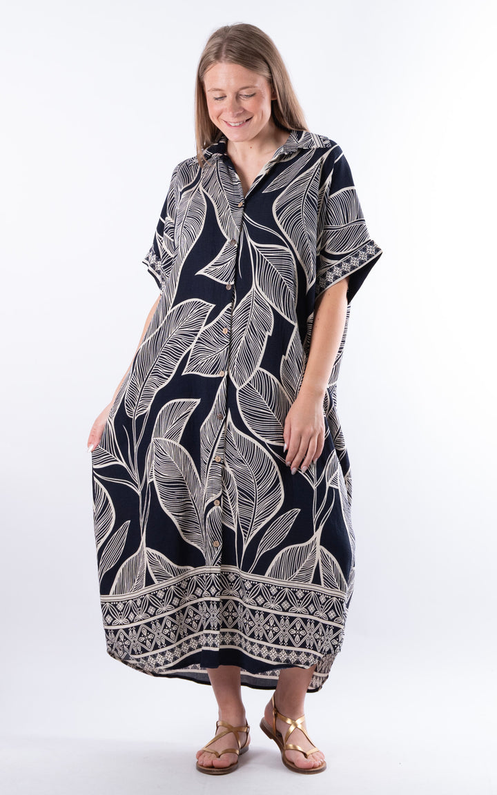 Palma Large Leaf Dress | Navy