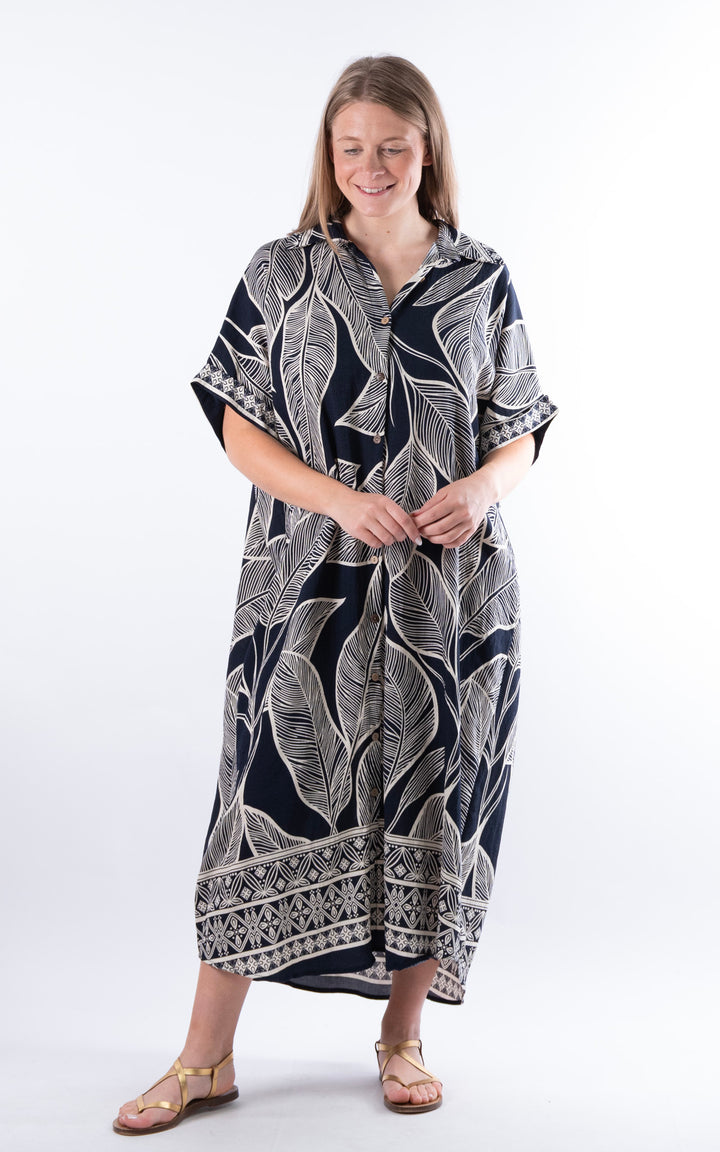 Palma Large Leaf Dress | Navy