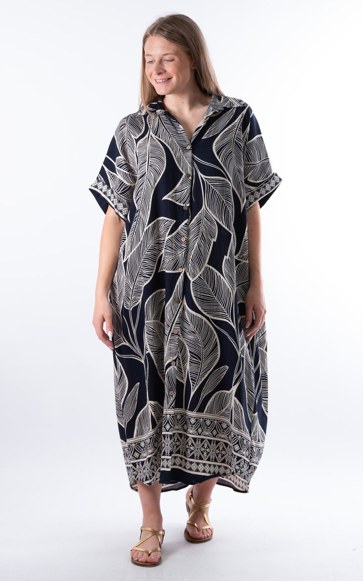 Palma Large Leaf Dress | Navy