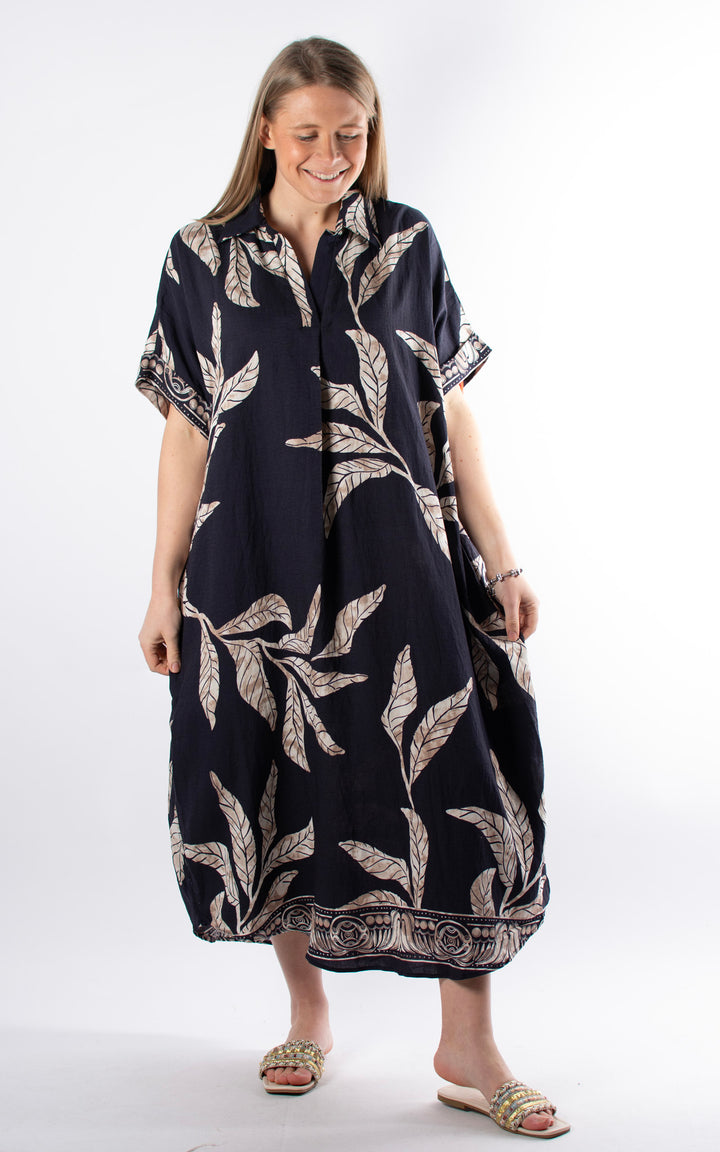 Palma Leaf Tunic Dress | Navy