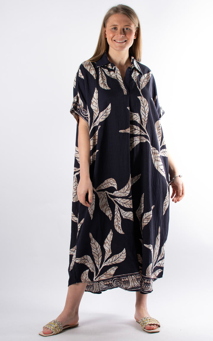 Palma Leaf Tunic Dress | Navy