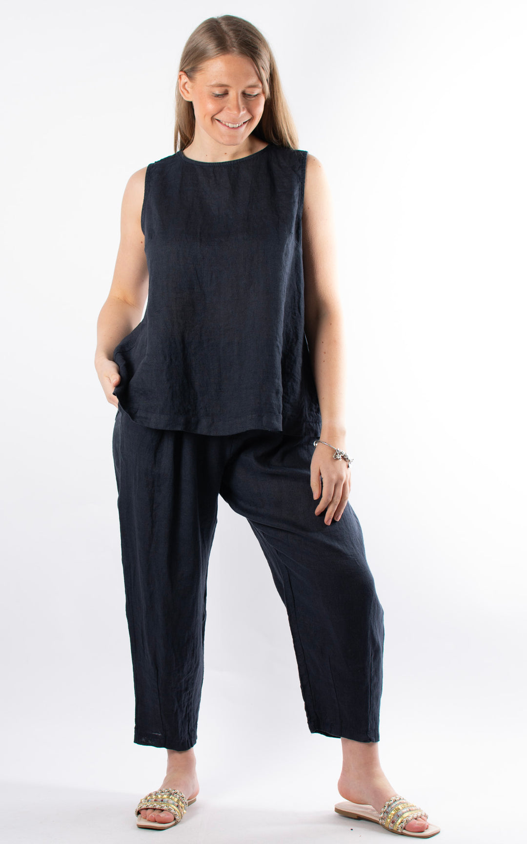 Palma Linen Button Vest | Navy
