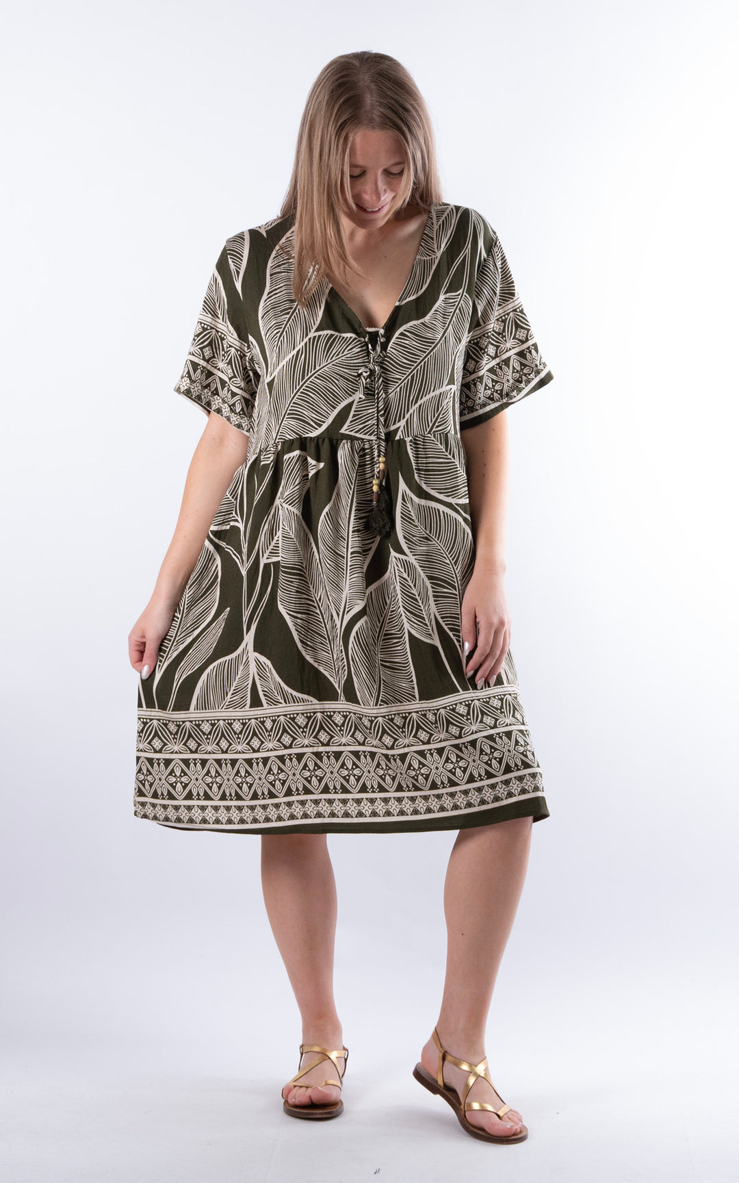 Palma Midi Leaf Dress | Khaki