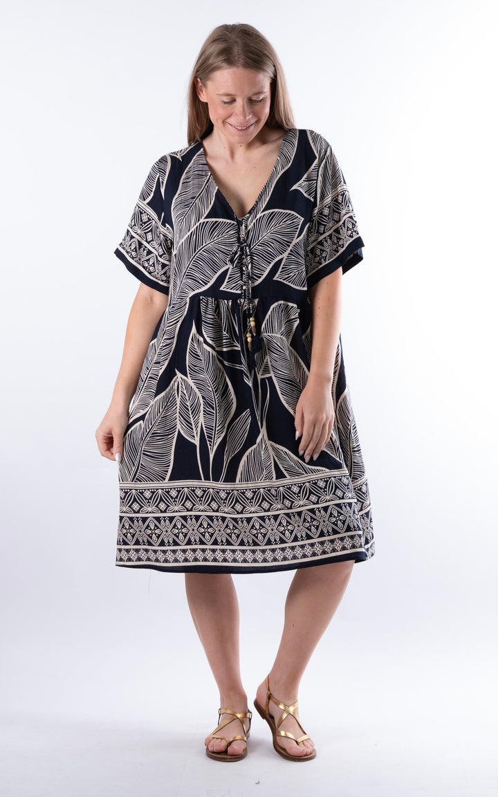Palma Midi Leaf Dress | Navy