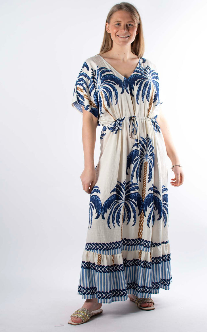 Palma Palm Drawstring Dress | Blue
