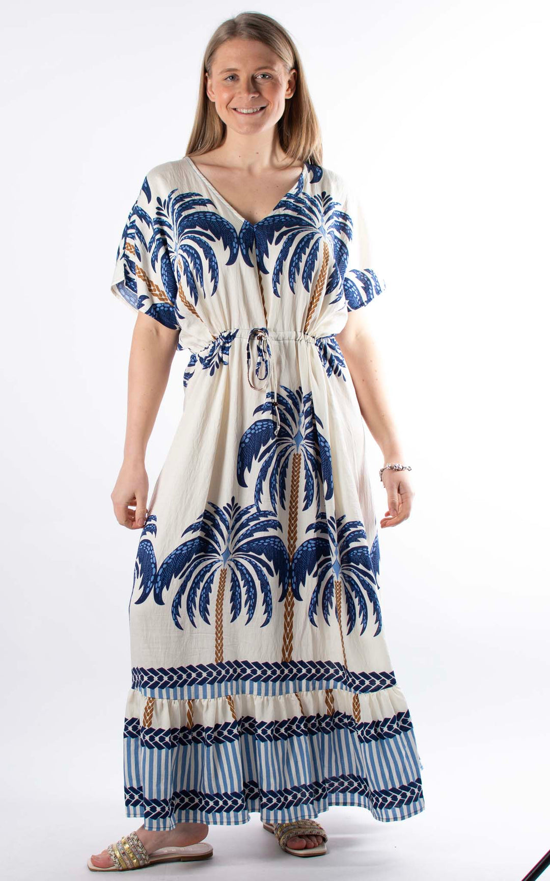 Palma Palm Drawstring Dress | Blue