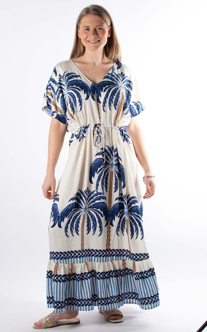 Palma Palm Drawstring Dress | Blue