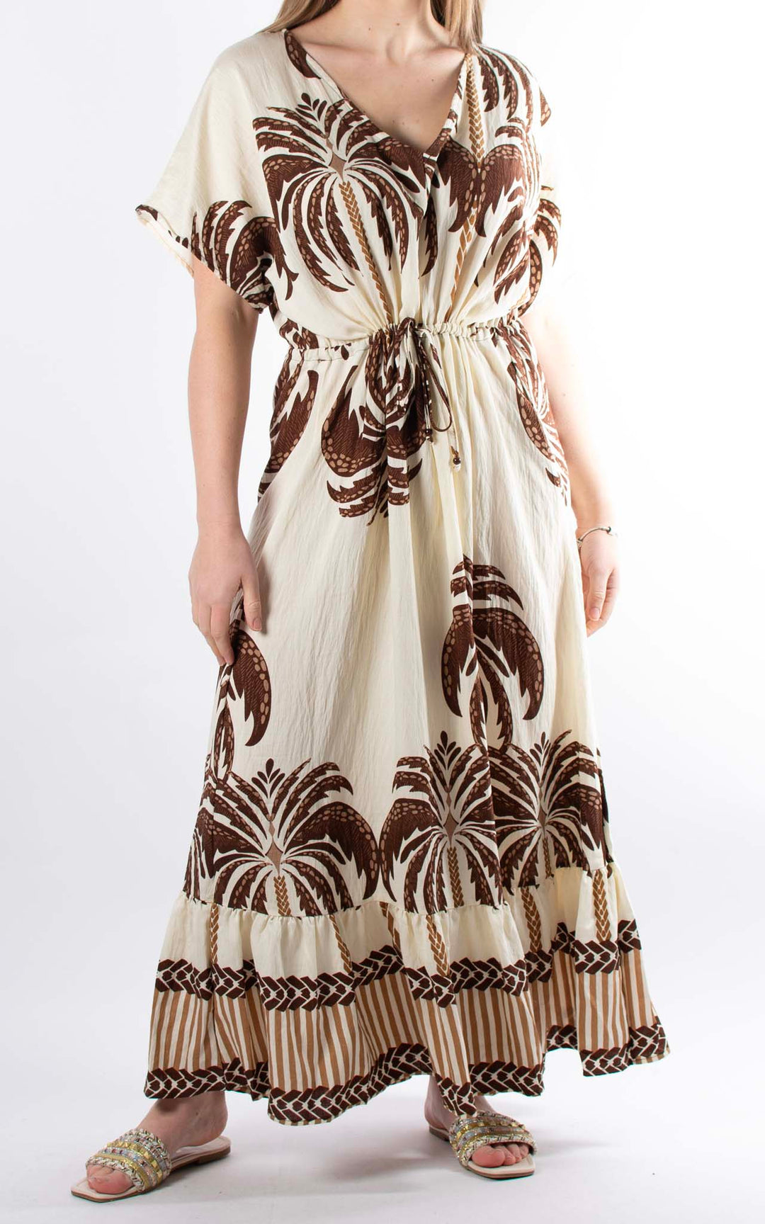 Palma Palm Drawstring Dress | Chocolate