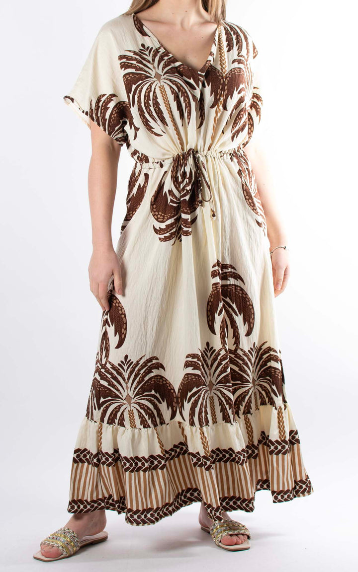 Palma Palm Drawstring Dress | Chocolate