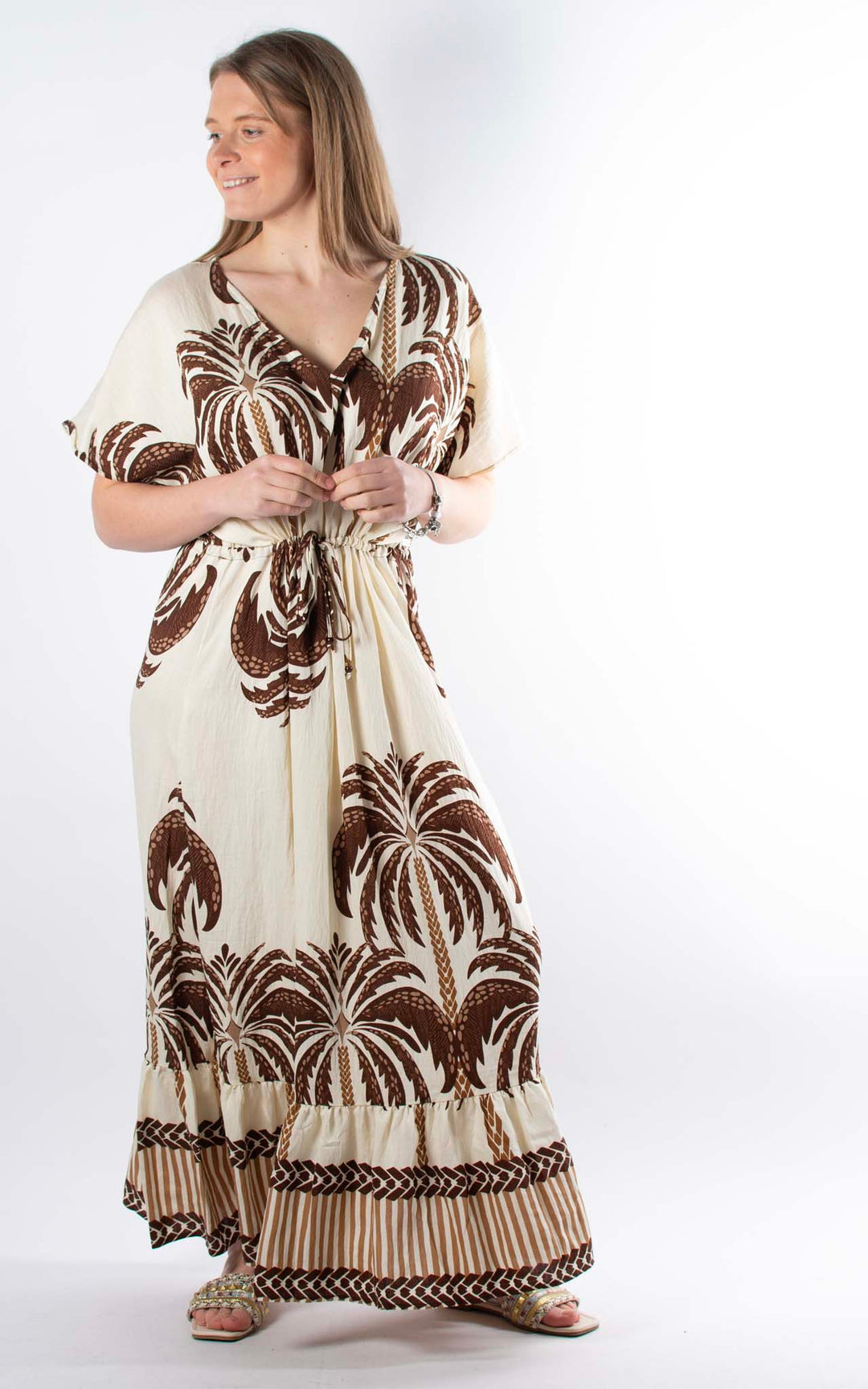 Palma Palm Drawstring Dress | Chocolate