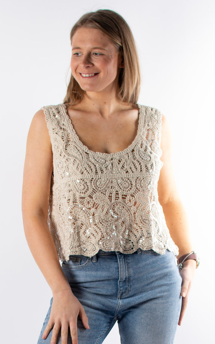 Palma Sequin Crop Vest | Beige