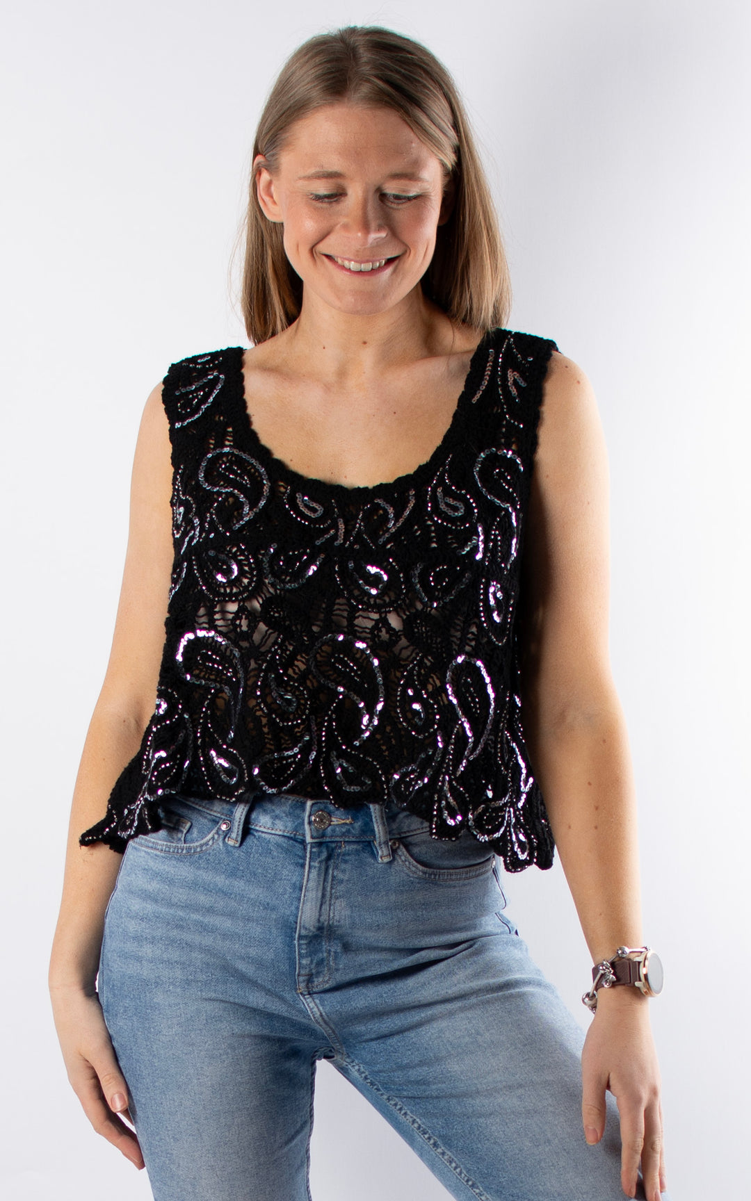 Palma Sequin Crop Vest | Black