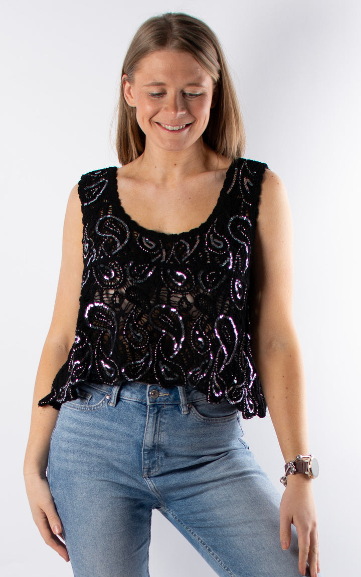 Palma Sequin Crop Vest | Black