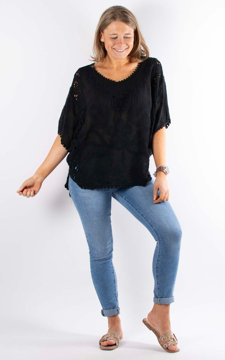 Phoebe Floral Cotton Top | Black