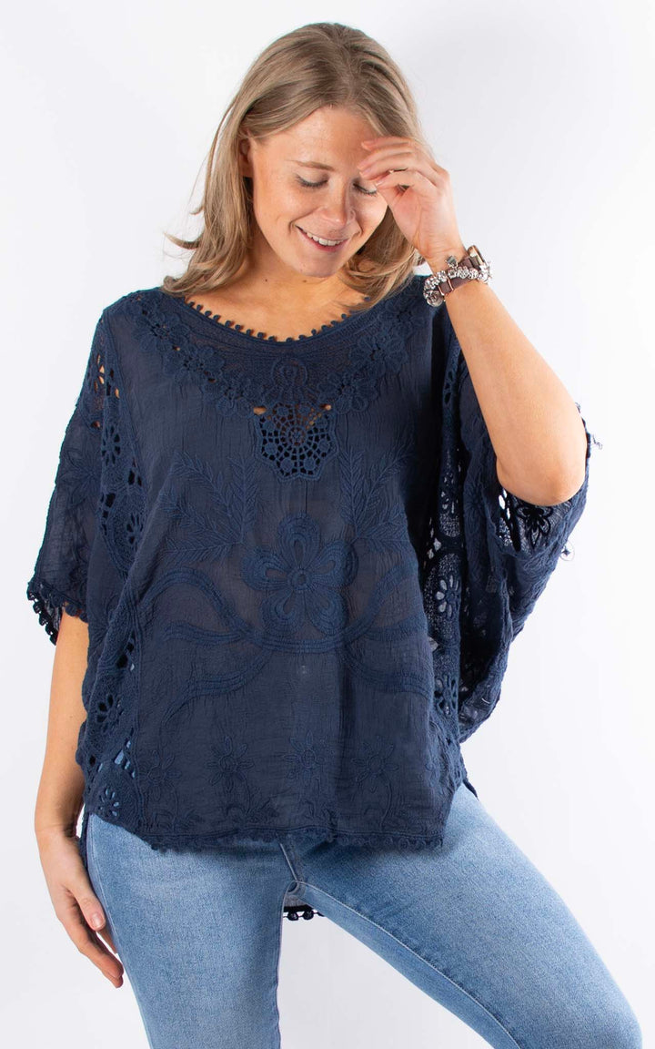 Phoebe Floral Cotton Top | Navy