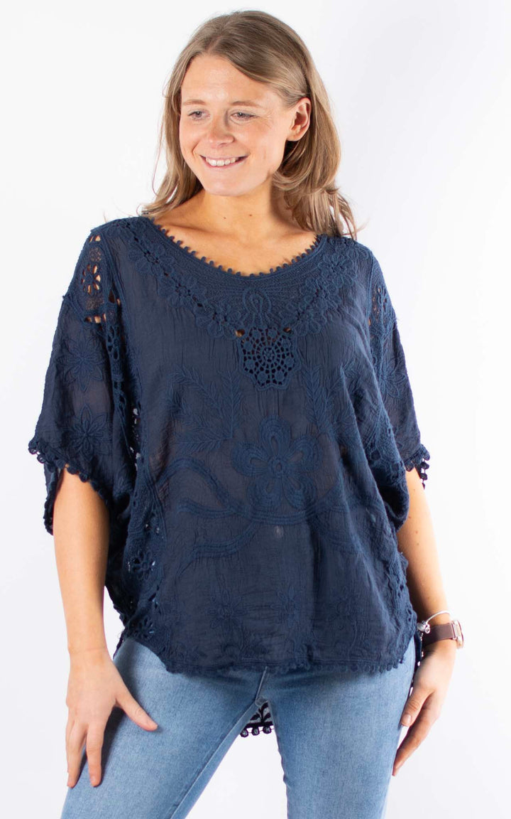 Phoebe Floral Cotton Top | Navy