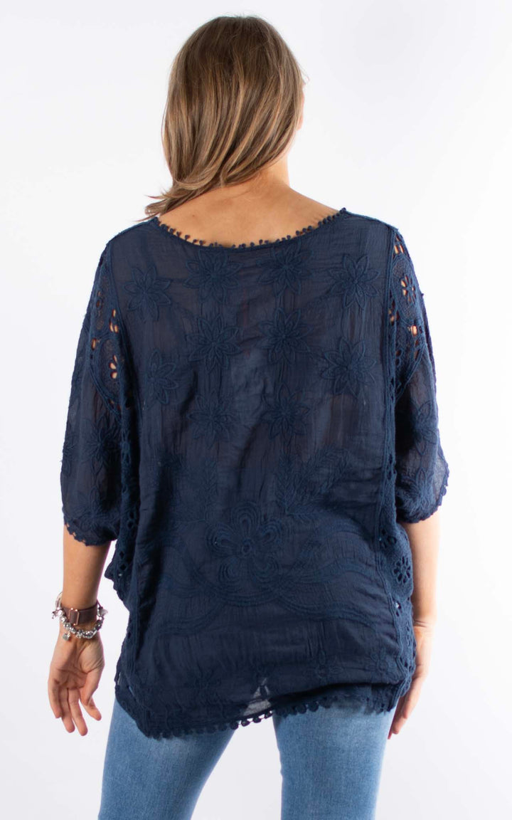 Phoebe Floral Cotton Top | Navy