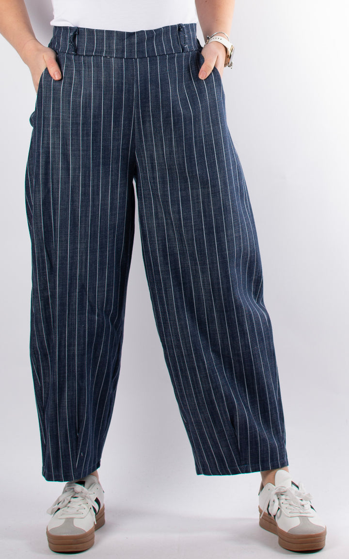 Pinstripe Denim Barrell Leg | Dark Denim