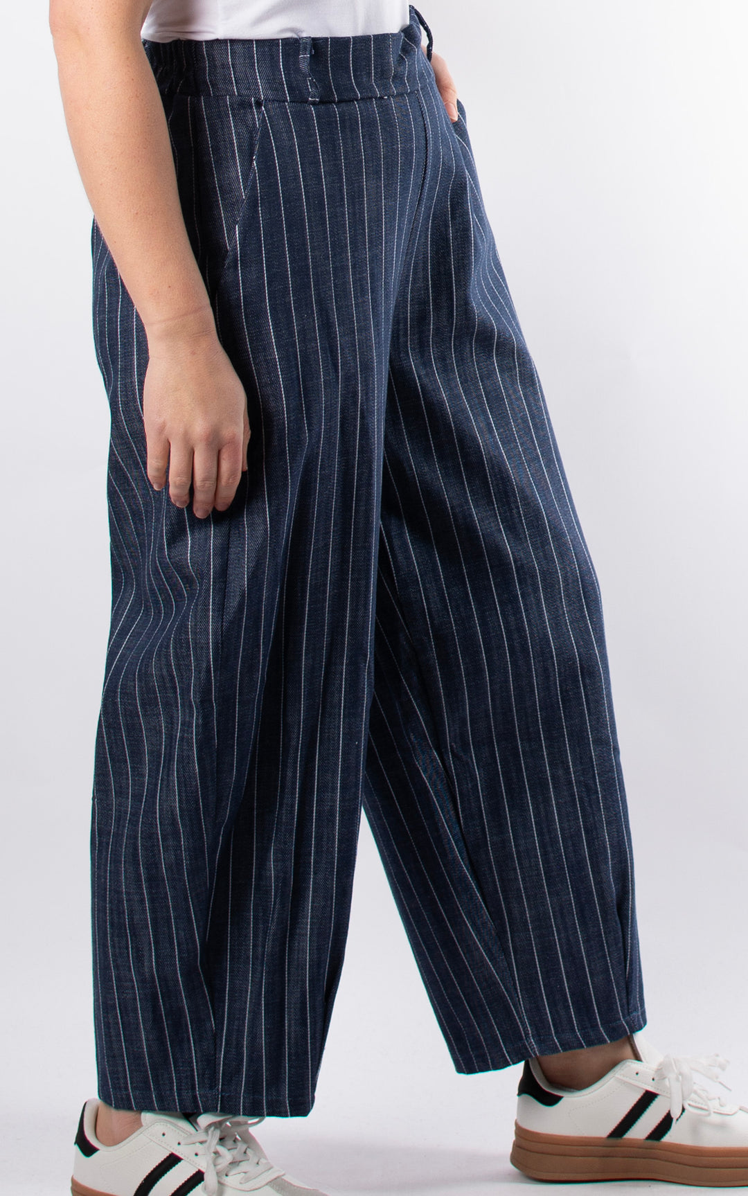 Pinstripe Denim Barrell Leg | Dark Denim