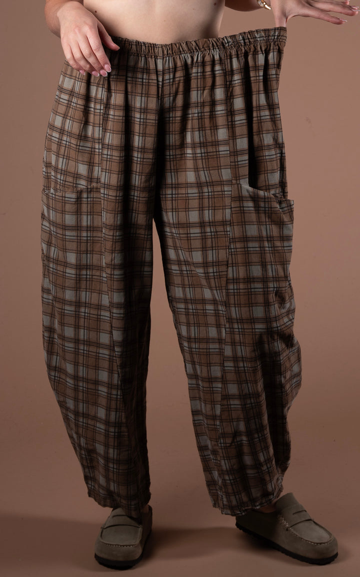 Plaid Cord Barrel Leg Trouser | Camel