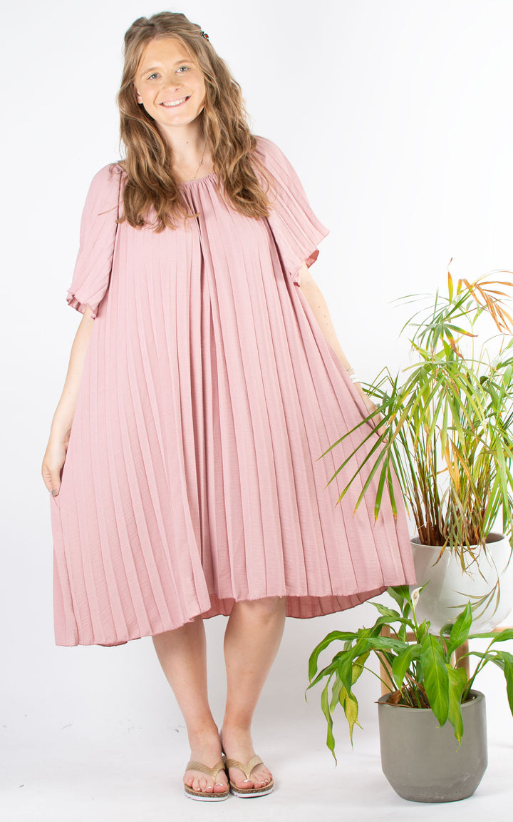 Pleated Bardot Dress | Dusky Pink