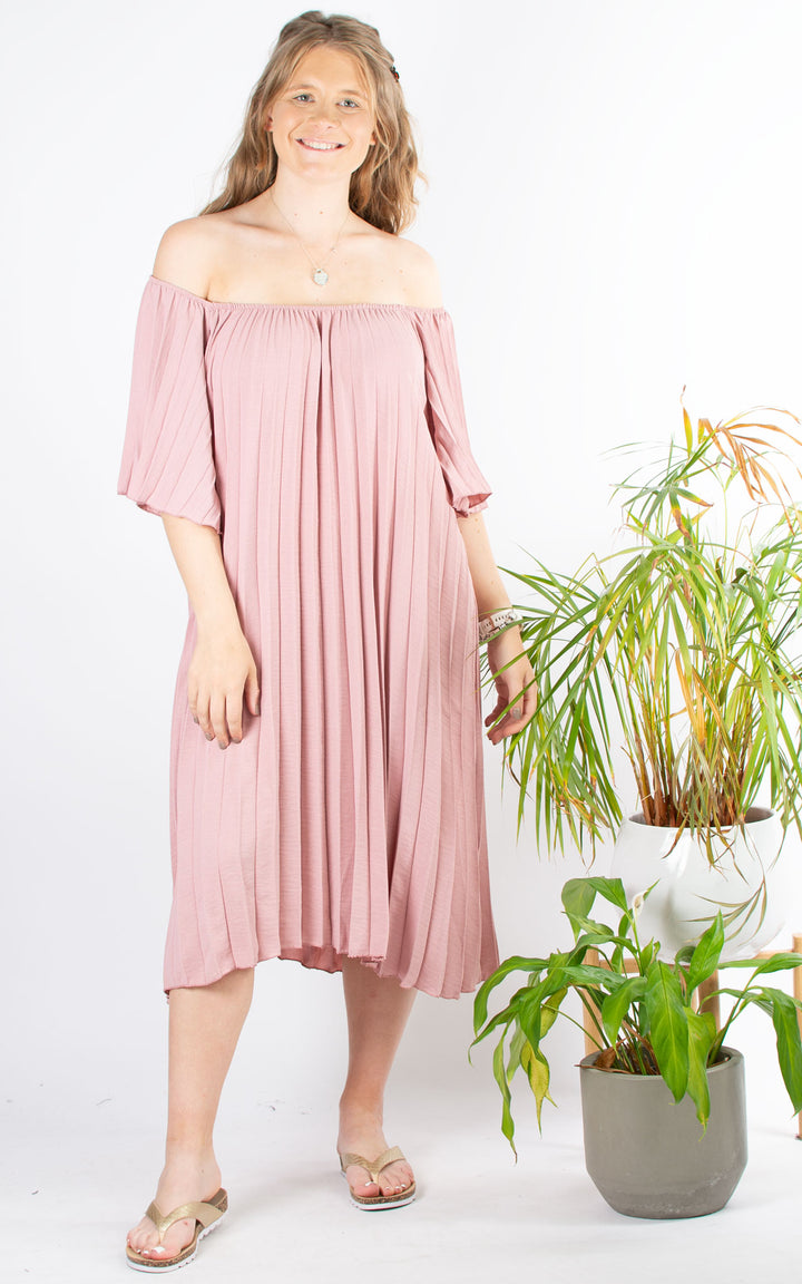 Pleated Bardot Dress | Dusky Pink