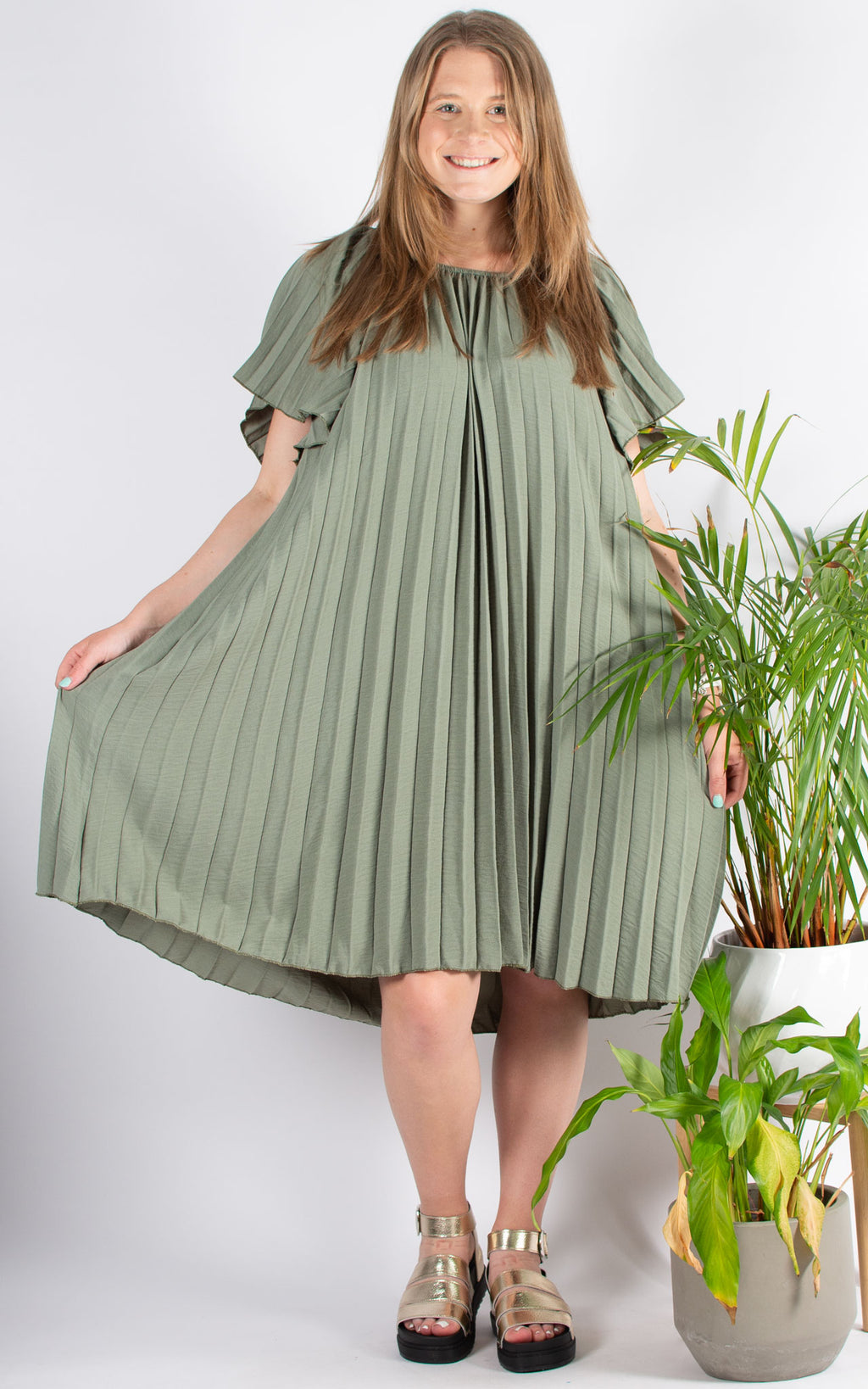 Pleated Bardot Dress | Khaki