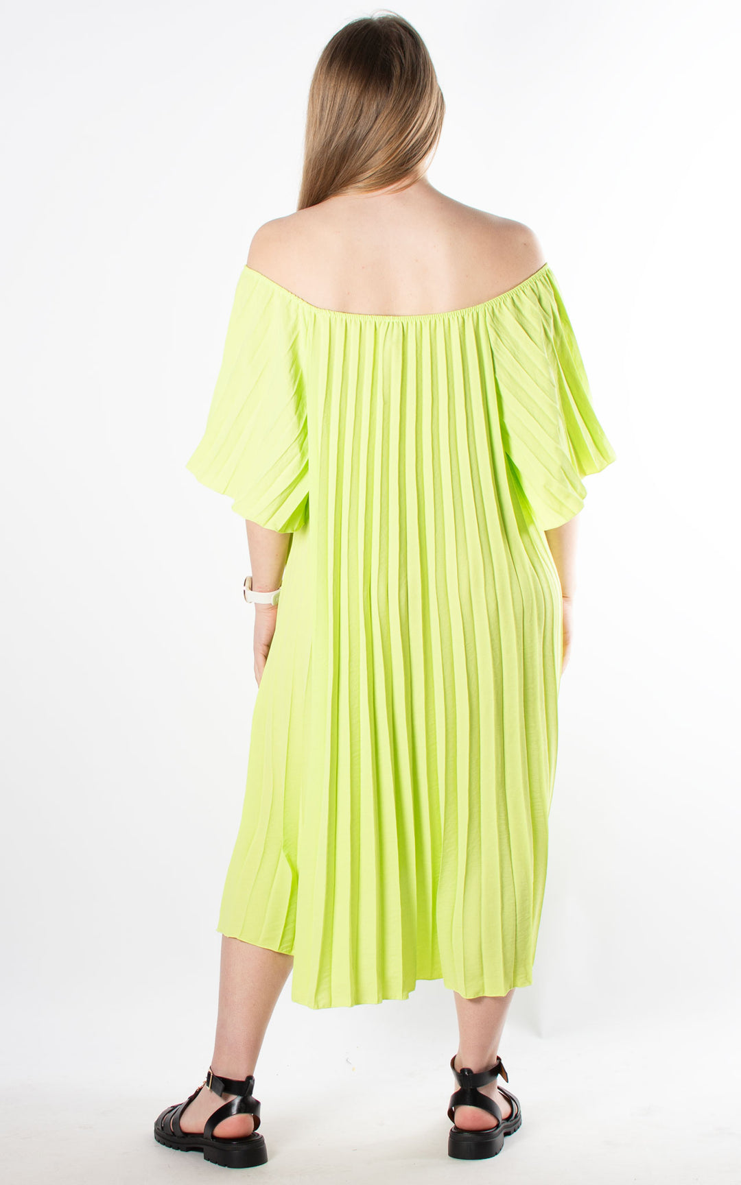 Pleated Bardot Dress | Lime
