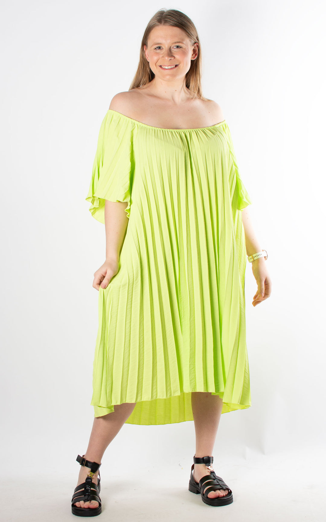 Pleated Bardot Dress | Lime