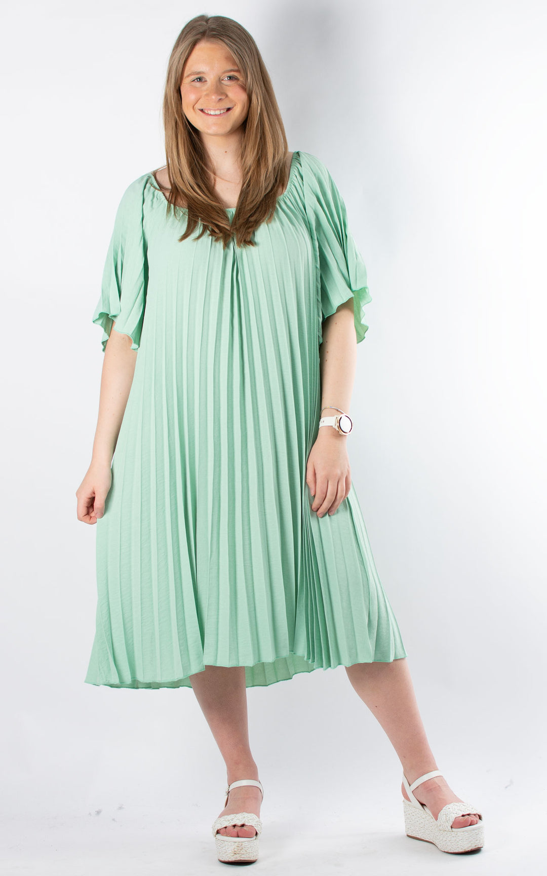 Pleated Bardot Dress | Mint