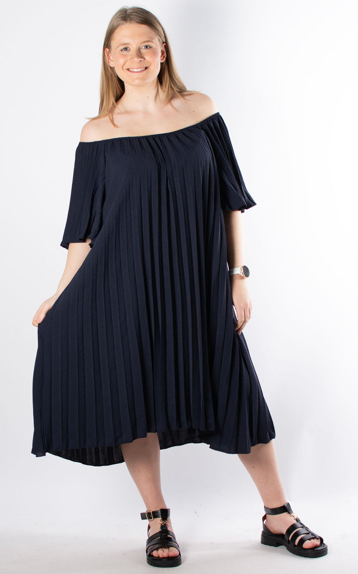 Pleated Bardot Dress | Navy