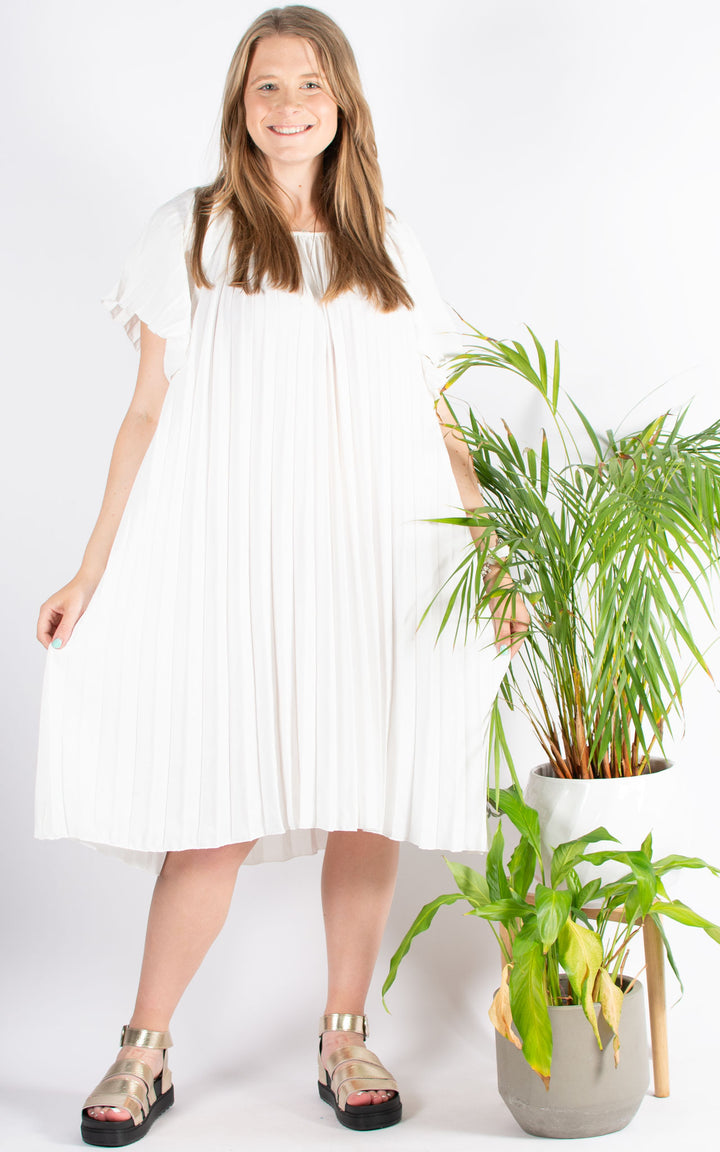 Pleated Bardot Dress | White