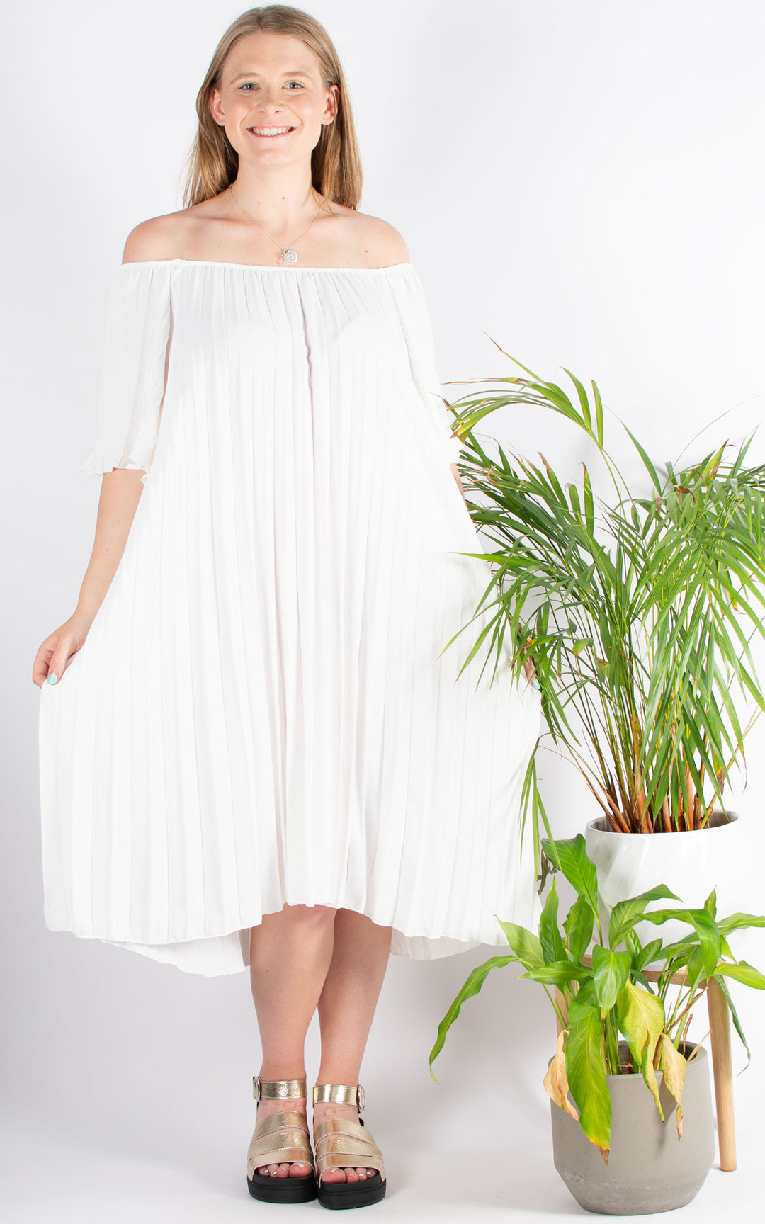 Pleated Bardot Dress | White