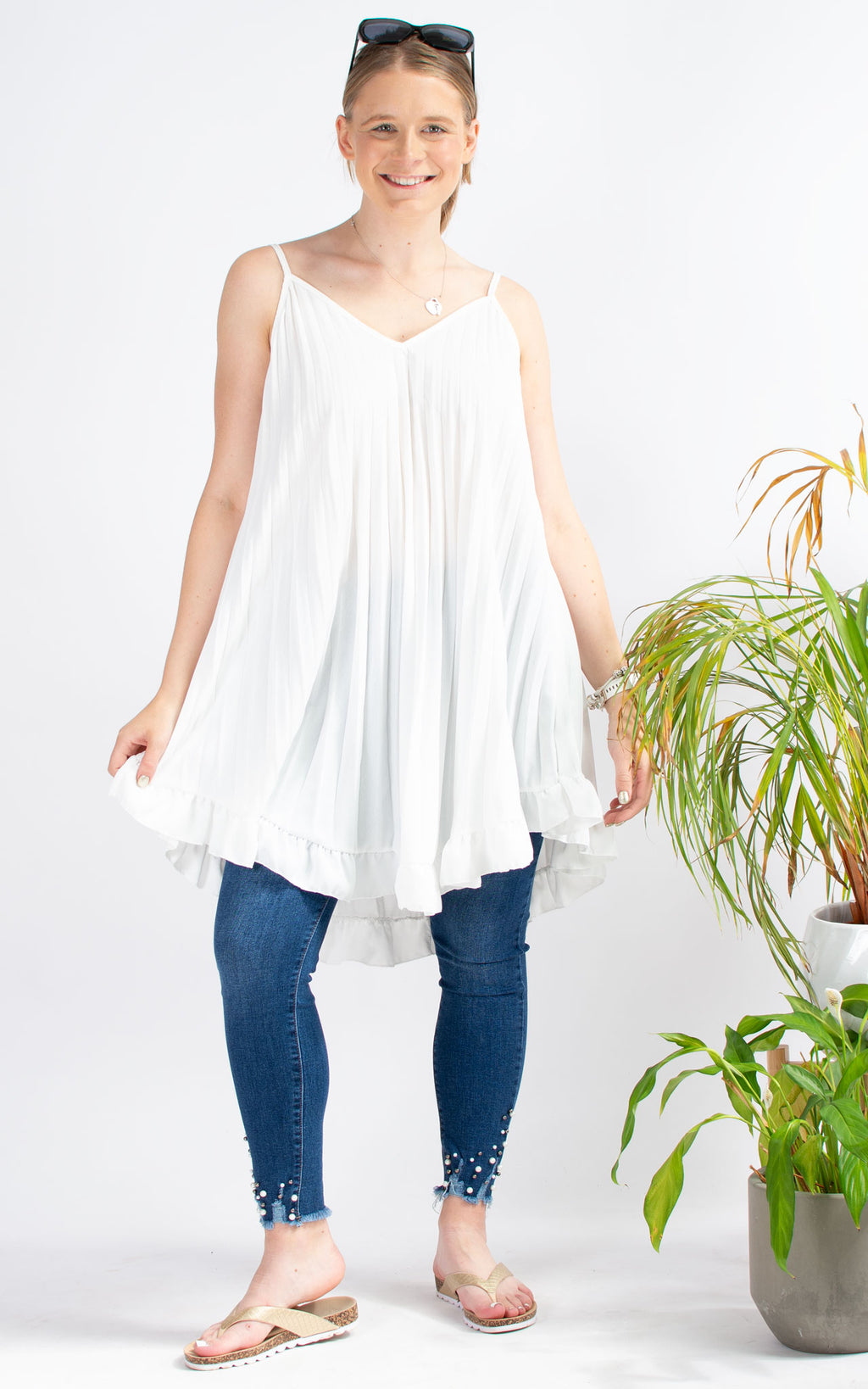 Pleated Strap Vest | White