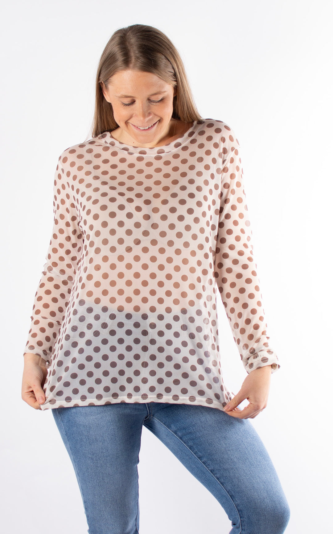 Polka Dot Mesh Top |  Beige&Chocolate