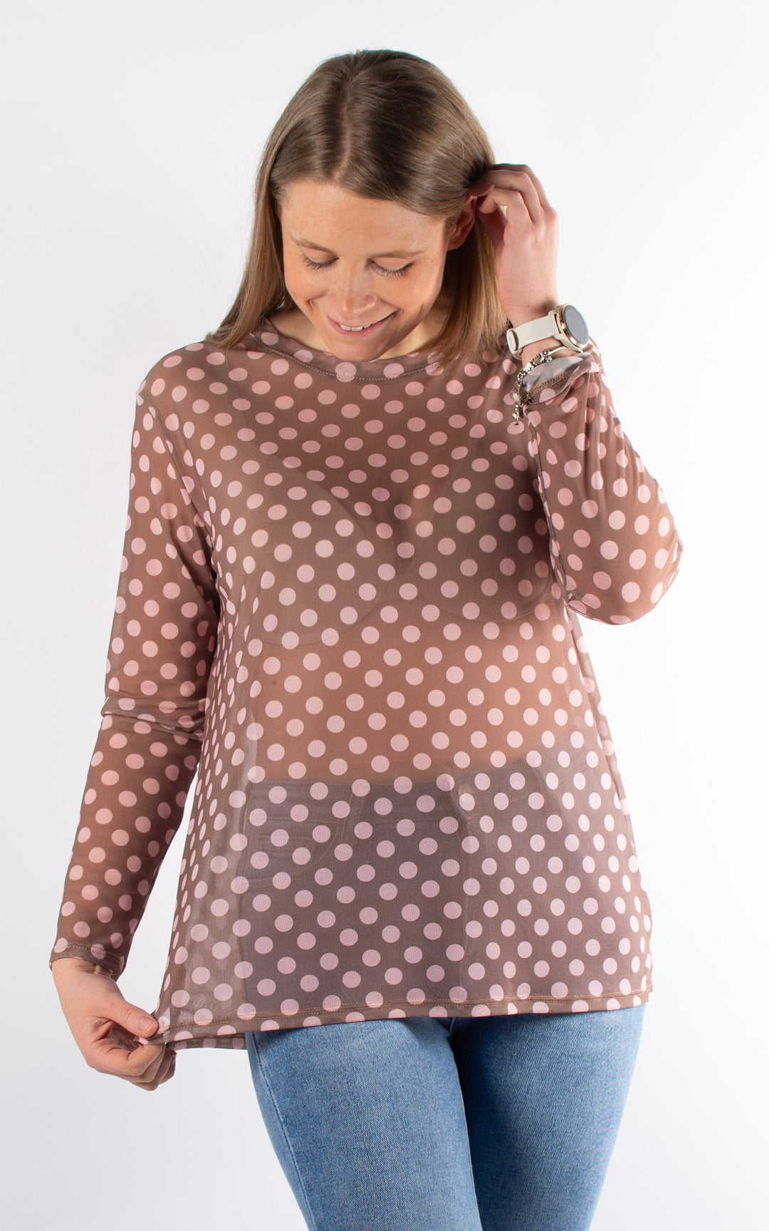 Polka Dot Mesh Top | Mocha&Pink