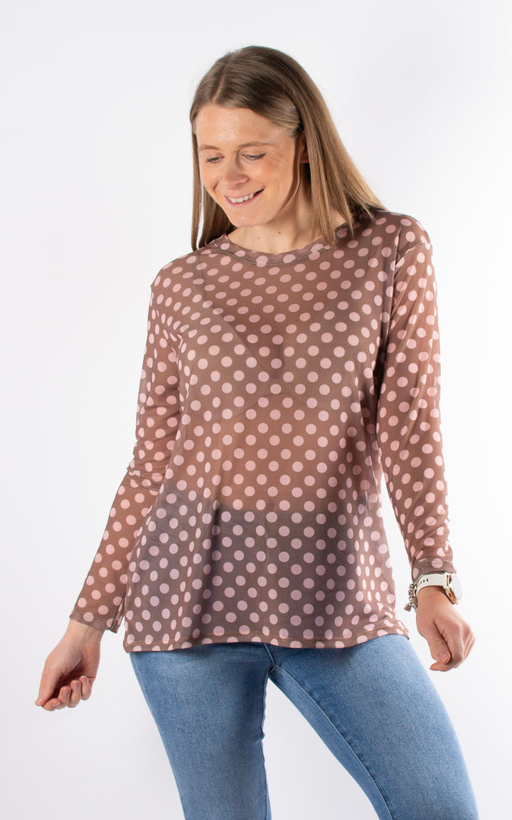 Polka Dot Mesh Top | Mocha&Pink
