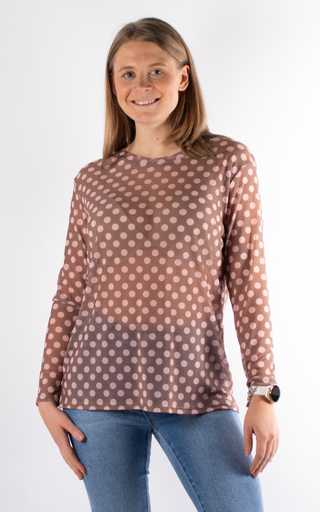 Polka Dot Mesh Top | Mocha&Pink