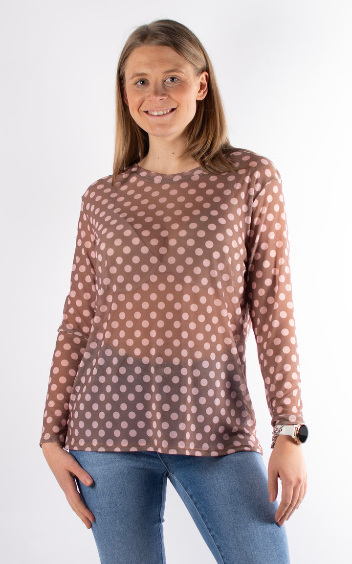 Polka Dot Mesh Top | Mocha&Pink