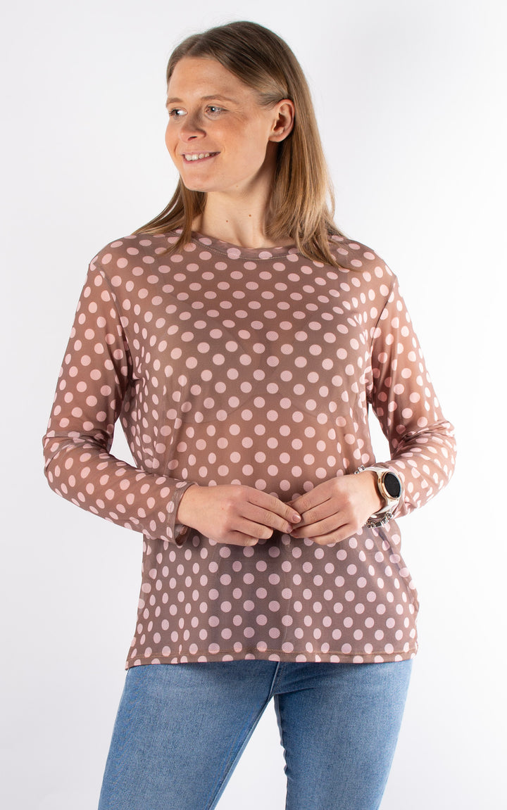Polka Dot Mesh Top | Mocha&Pink