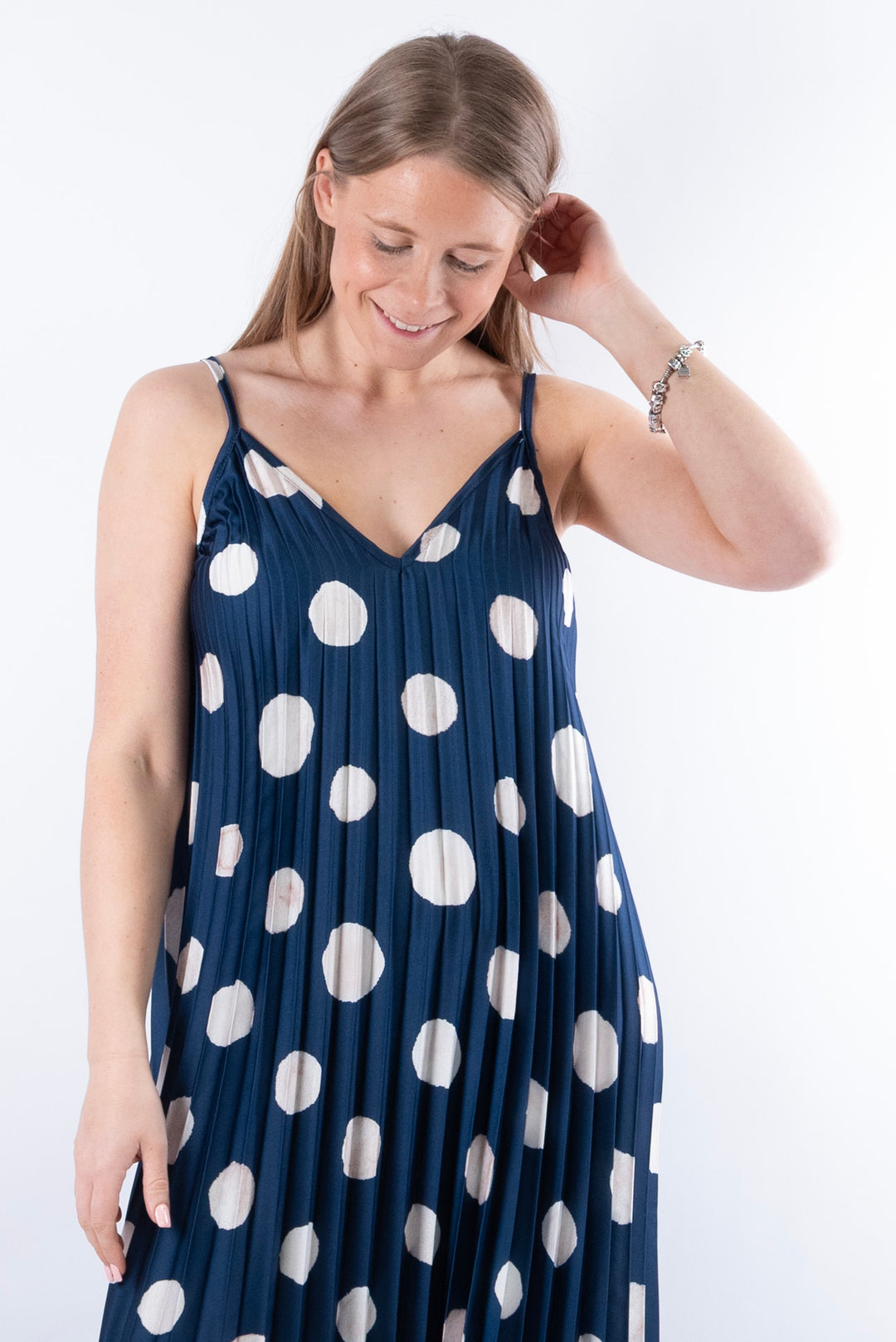 Polka Dot Strap Dress  | Navy
