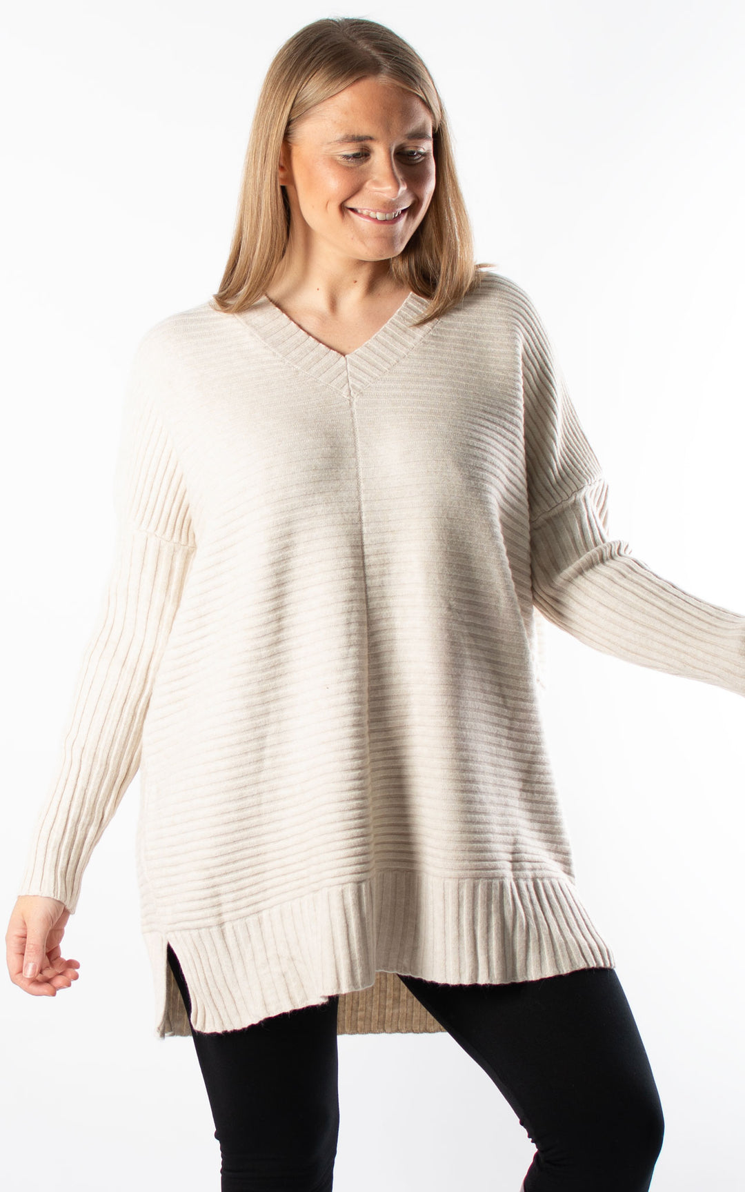 Ribbed V-neck | Beige