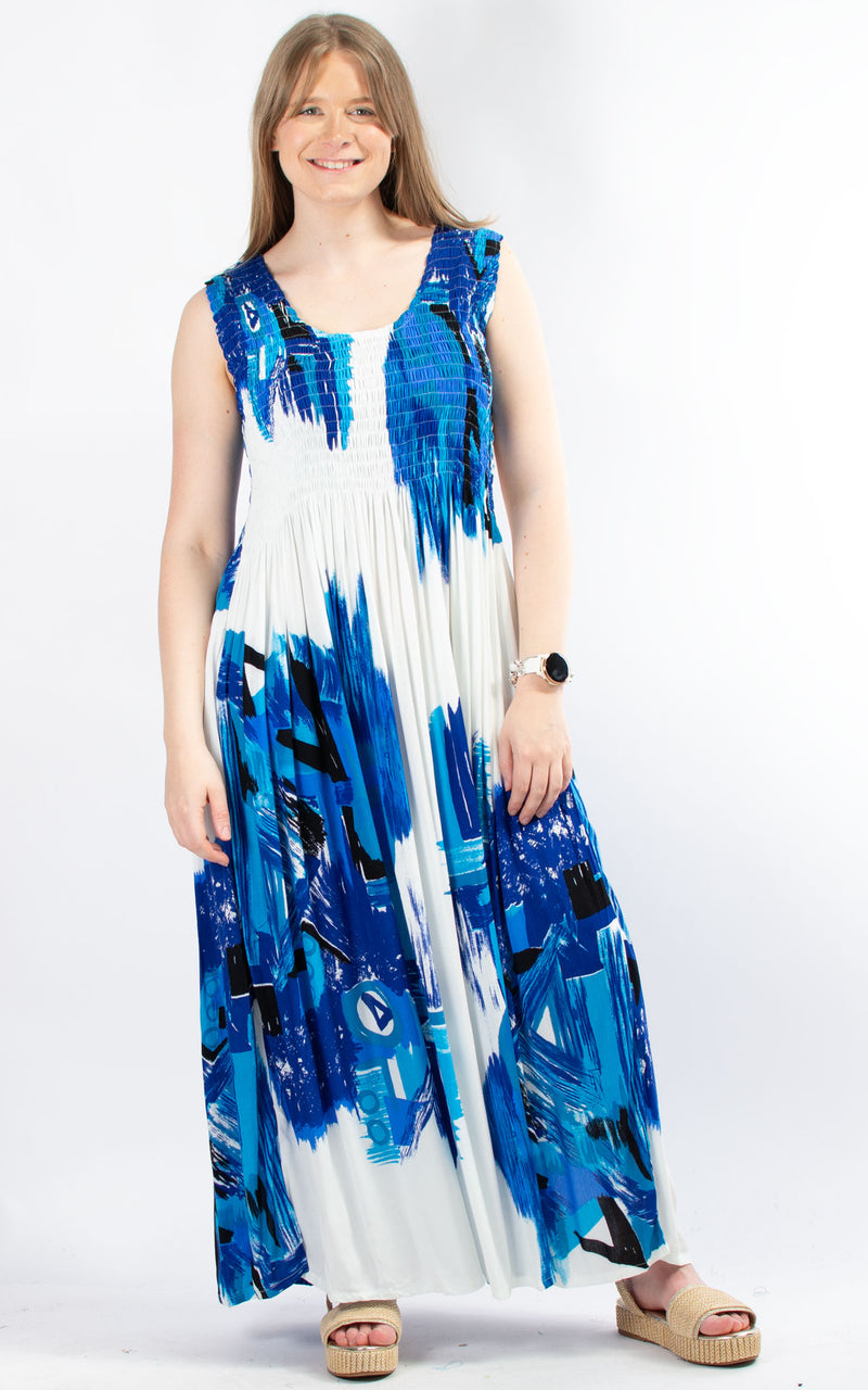 Rita Patterned Dress | White & Blue