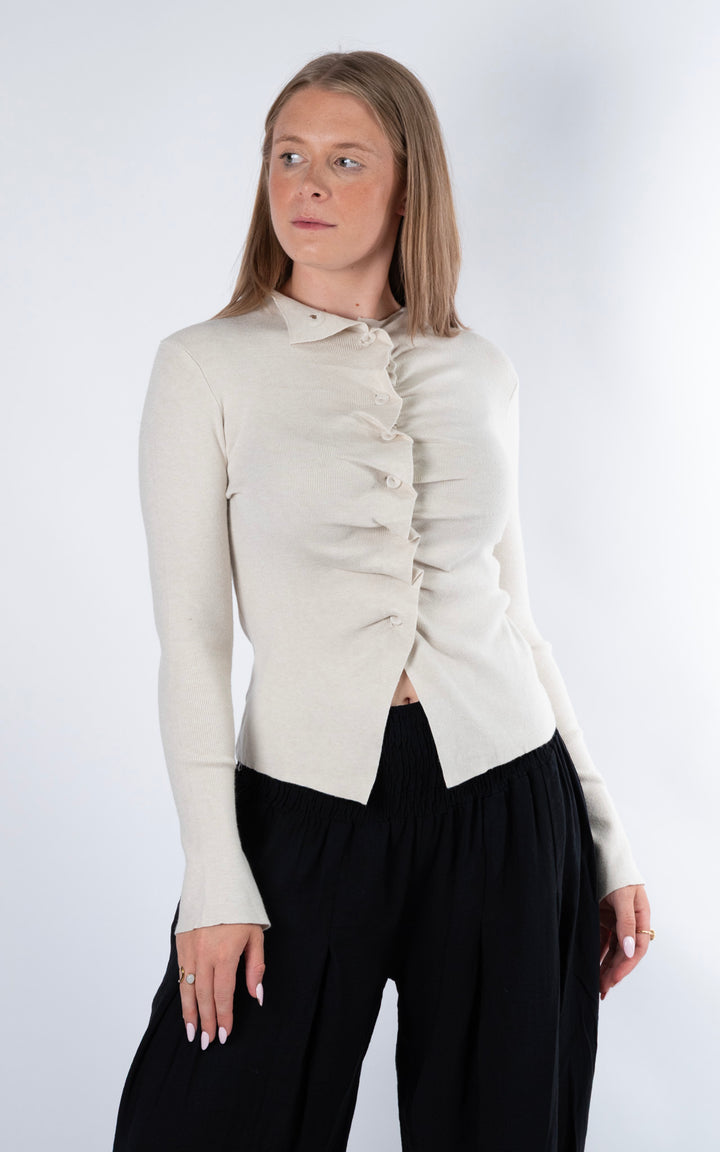 Ruched Button Cardigan | Beige