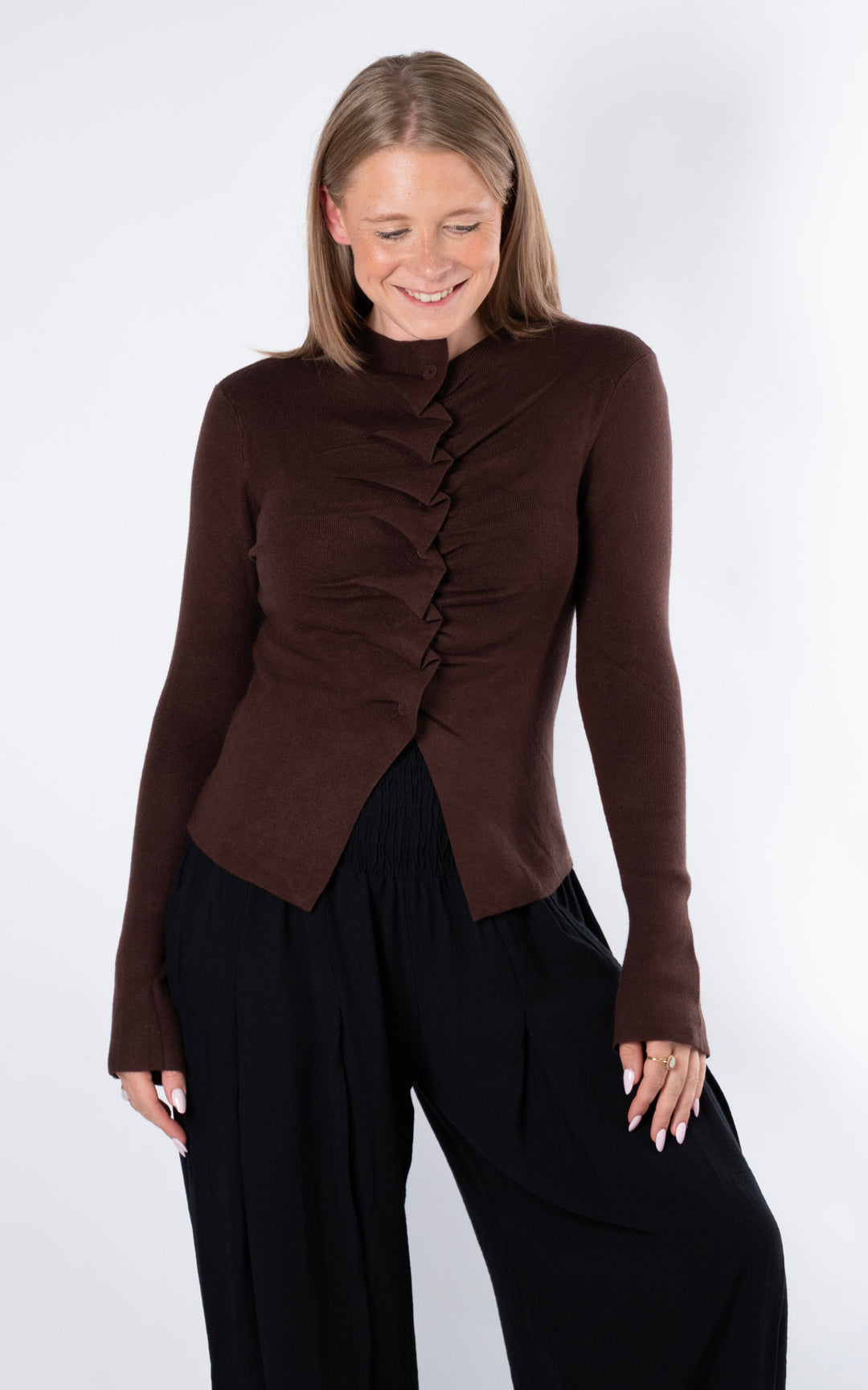 Ruched Button Cardigan | Chocolate