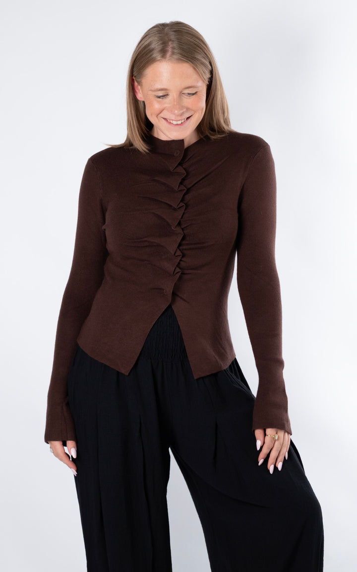 Ruched Button Cardigan | Chocolate