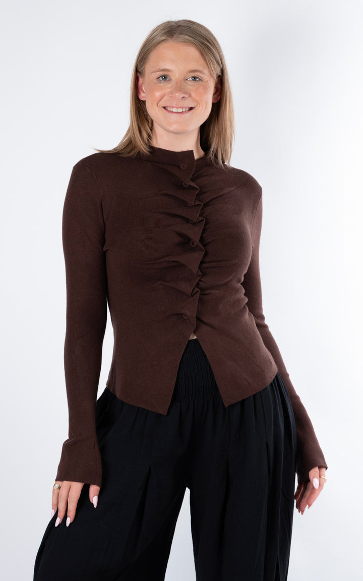 Ruched Button Cardigan | Chocolate