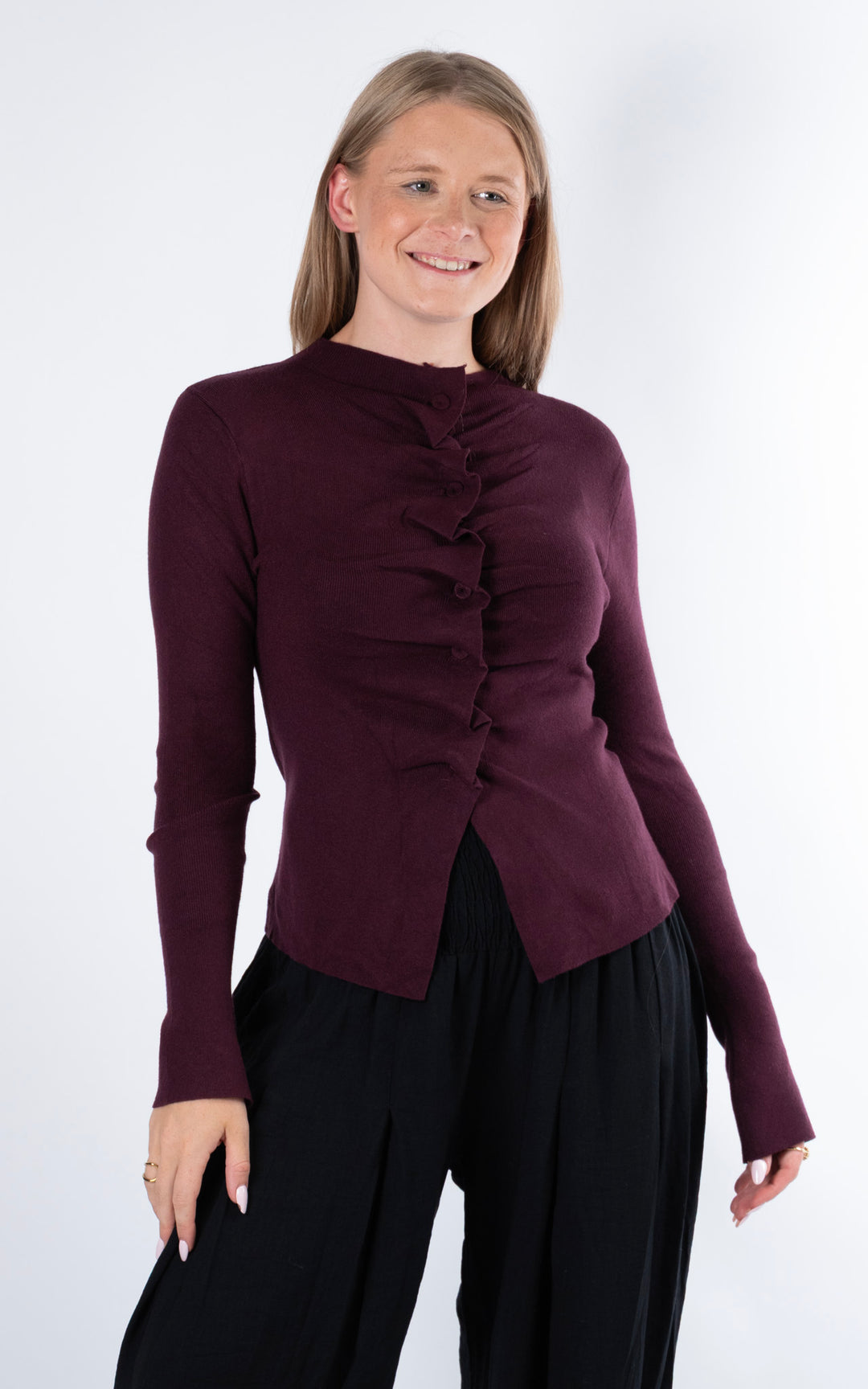 Ruched Button Cardigan | Plum